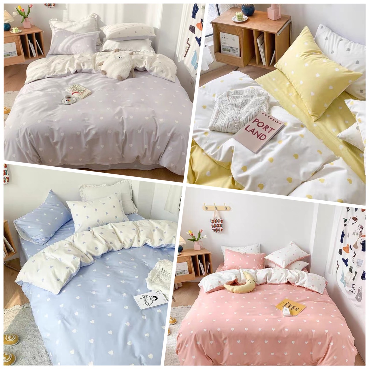 Bộ chăn ga gối cotton poly - Mẫu tim nhiều mầu.