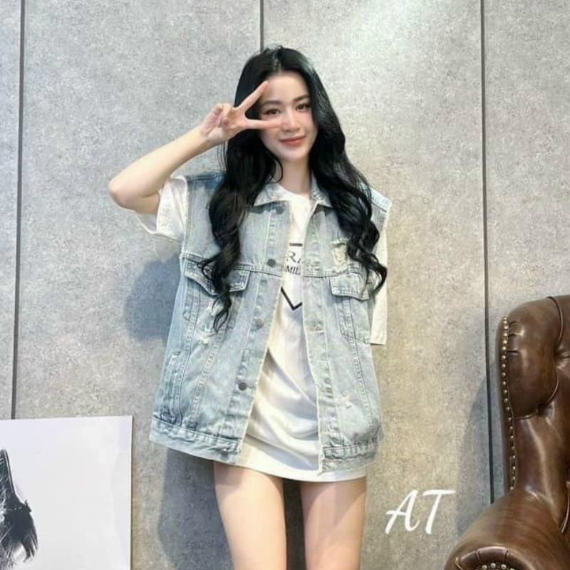 Áo khoác gile bò rách túi kiểu dáng hàn quốc ulzzang áo khoác bò  áo gile jeans bò trẻ chung năng động -THỜI TRANG 1989