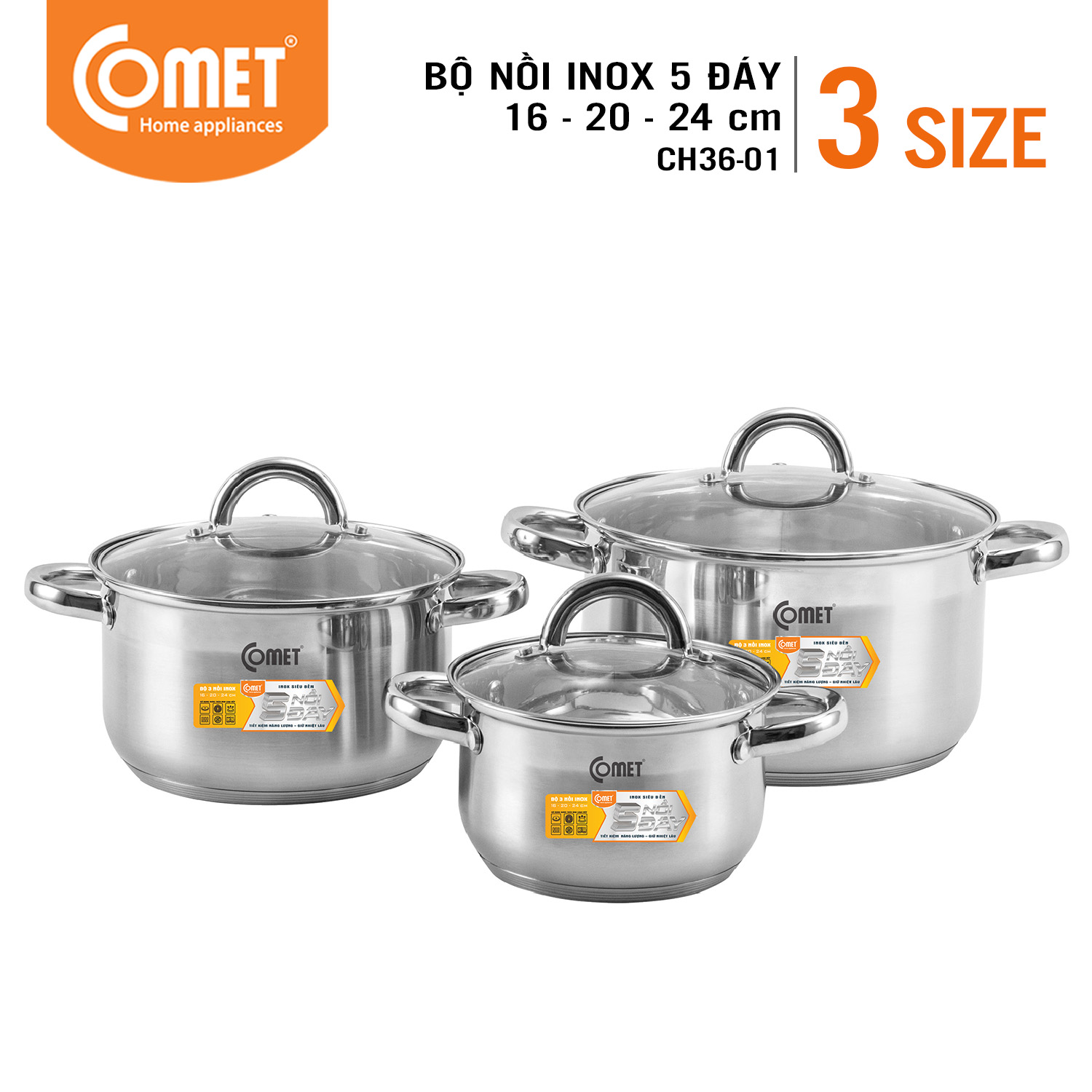 Bộ 3 nồi inox 5 đáy cao cấp comet ch36-01, dùng được mọi loại bếp, kich thước 16cm, 20cm, 24cm, thiết kế nắp có quai cong - hàng chính hãng