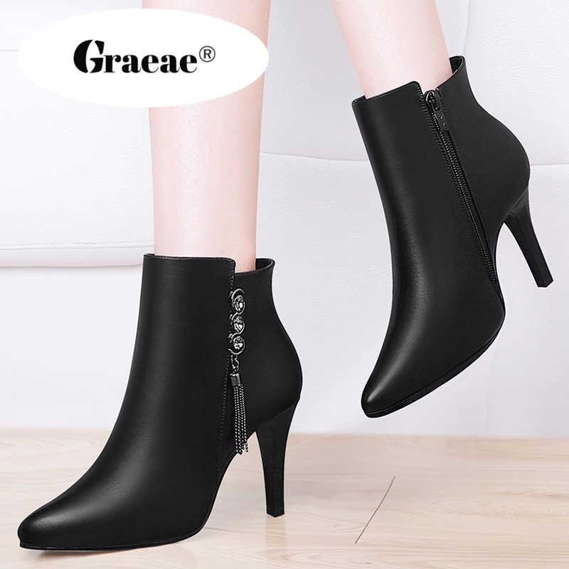 GRAEAE Giày boot nữ cao cấp gót vuông cá tính phong cách Hàn Quốc Giày Cao Gót Nữ Dây Kéo Siêu Cao
