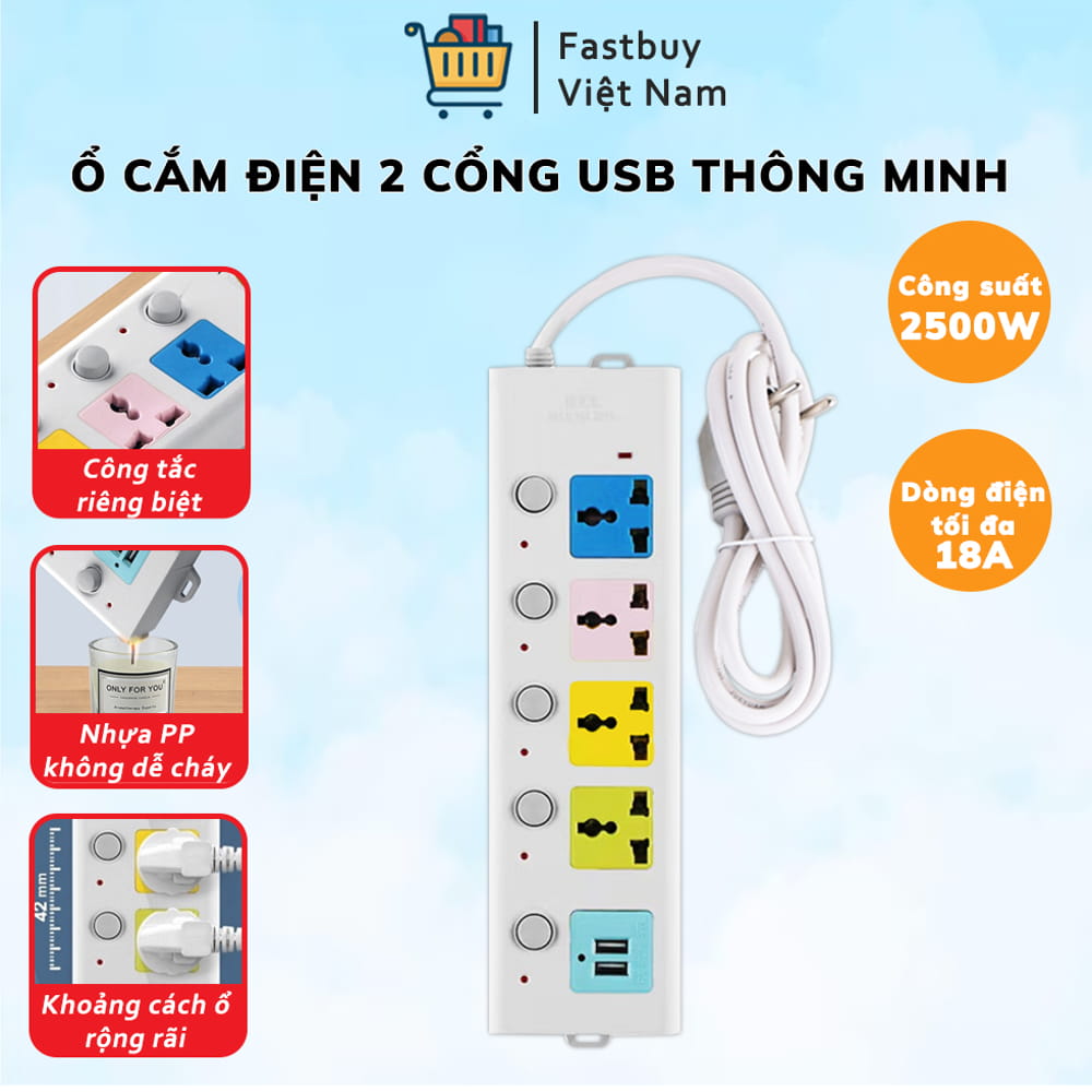 Ổ Cắm Điện USB Cao Cấp Chống Giật 2 Cổng Cắm USB Công Suất 2500W Có Chốt An Toàn Dây 5m Tiện Dụng Bảo Hành 12 Tháng