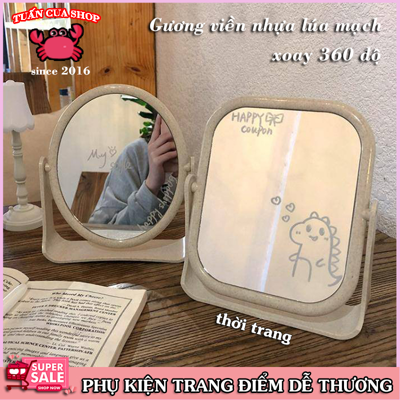 Gương trang điểm để bàn - Gương lúa mạch 2 mặt xoay, Gương trang điểm để bàn cute,   (GLM02)
