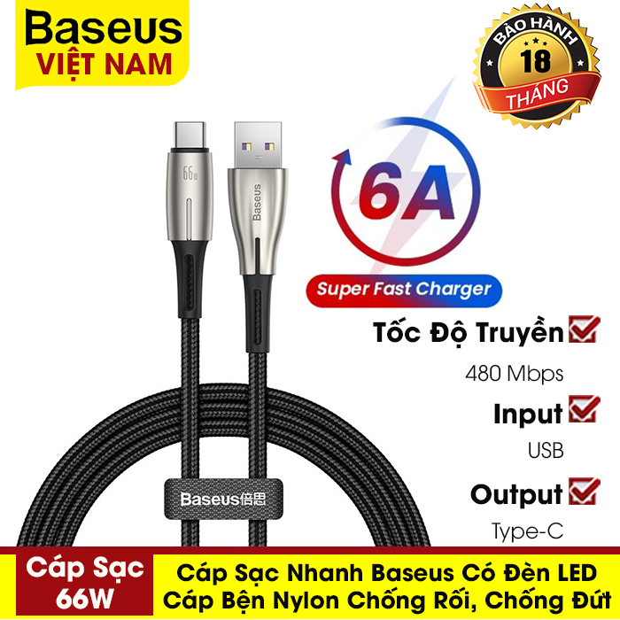 [BẢO HÀNH 12 THÁNG] Cáp sạc nhanh Baseus 6A loại USB - Type C bộ sạc siêu nhanh 66W 5A SCP FCP cho Huawei Mate 40 P40 Samsung Xiaomi....
