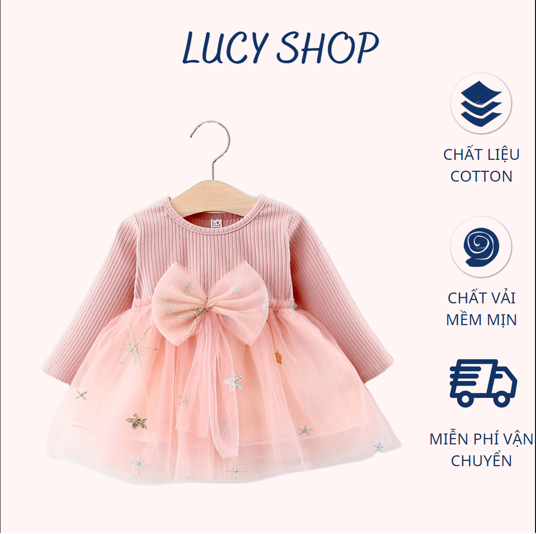 Váy nơ công chúa dài tay dễ thương cho bé gái phong cách Hàn Quốc