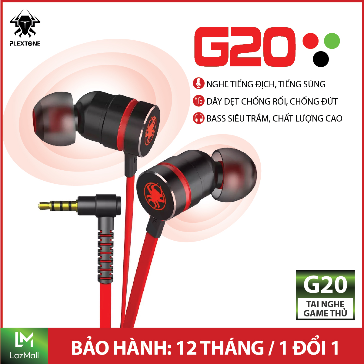 Tai nghe Game thủ, tai nghe in ear gaming Plextone G20 mẫu mới 2021 dây dẹt chống rối, Jack 3.5mm chữ L chống gẫy, Microphone Built in Filter Circuit, tặng kèm dây nối dài 90cm và cáp chuyển đổi dùng cho máy tính, PC Gaming và Laptop Gaming.