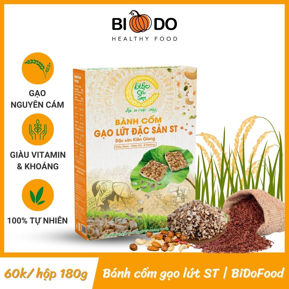 Bánh cốm gạo lứt đặc sản st bibo 180g - bí đỏ food - ăn vặt tuổi thơ cốm gạo ngào đường
