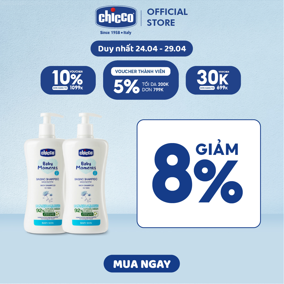 Combo Sữa tắm gội chiết xuất Hoa cúc 0M+ Chicco 500ml + Sữa tắm gội chiết xuất Hoa cúc 0M+ Chicco 500ml