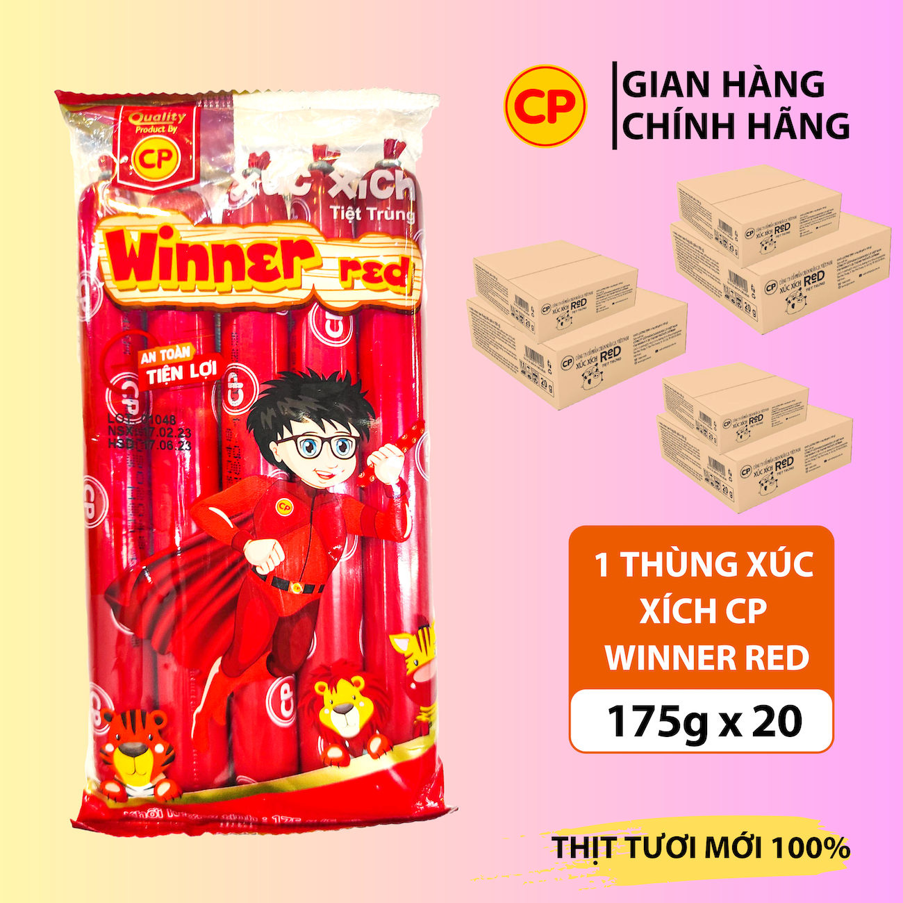 Thùng xúc xích tiệt trùng cp , xúc xích ăn liền cp, xúc xích tiệt trùng winner cp 175g