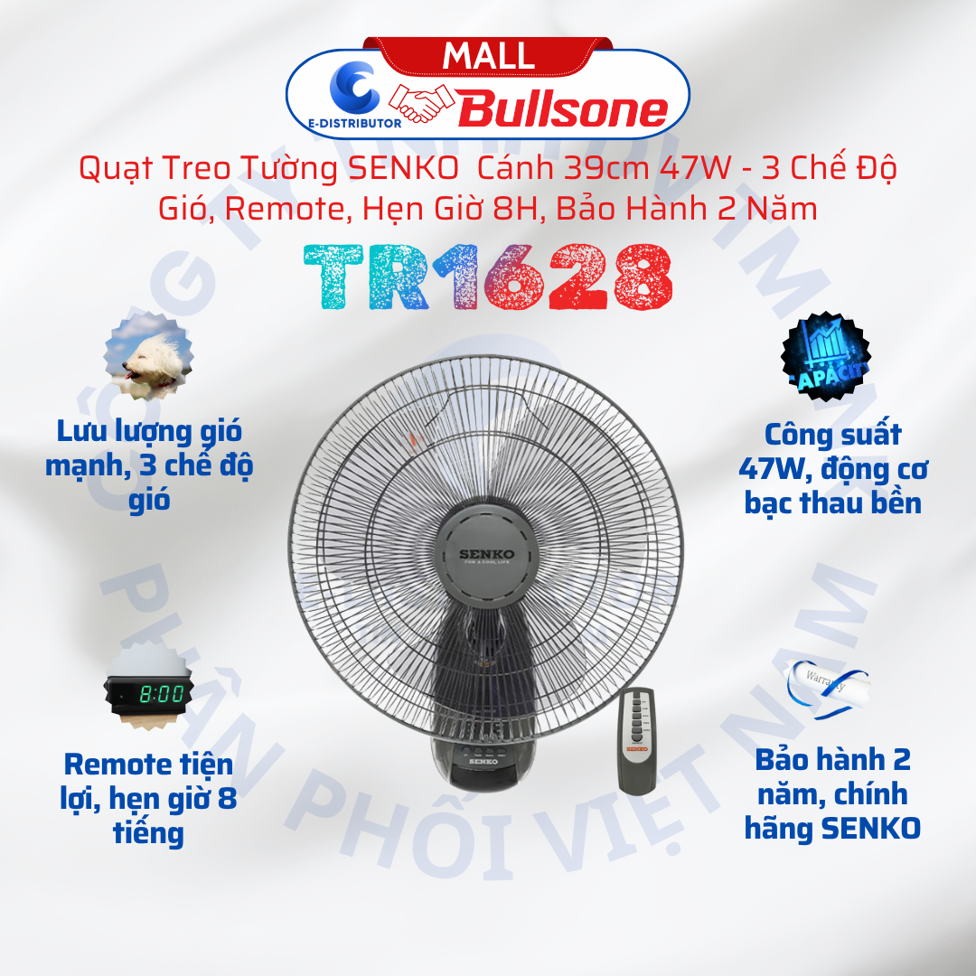  Quạt Treo Tường Cao Cấp Senko TR1628 - Công Suất 47w - Có Remote Điều Khiển Từ Xa - Hàng Chính Hãng - Bảo Hành 24 Tháng 