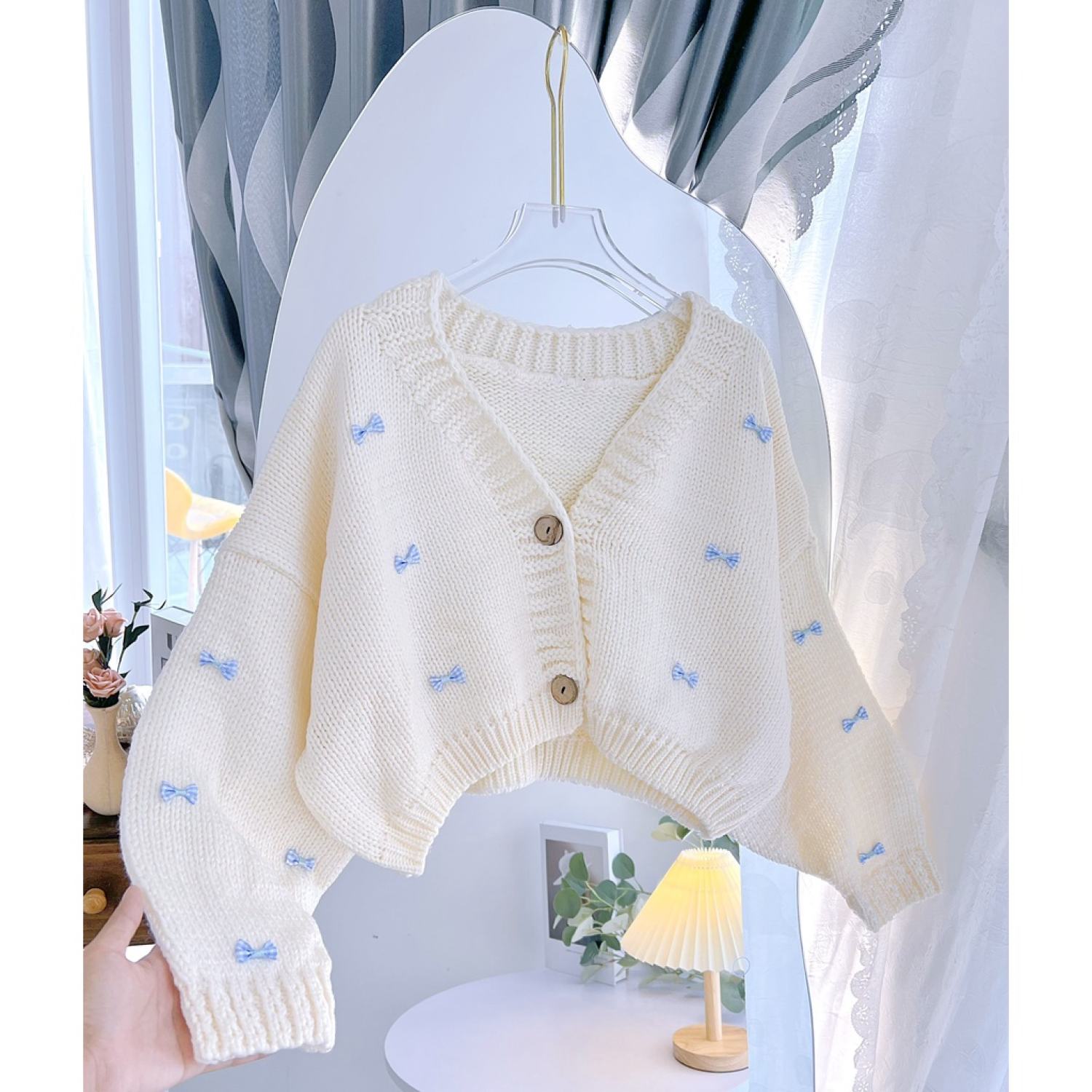 Áo len Cardigan croptop Nữ Đính Nơ Hồng phong cách Hàn Quốc Hàng Quảng Châu len dày