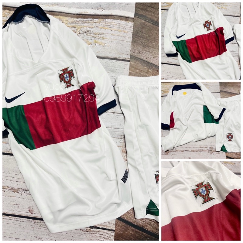 Set bộ quần áo bóng đá đội tuyển bồ đào nha bđn áo quần trắng logo thêu đầy đủ vải gai mịn wc 2022