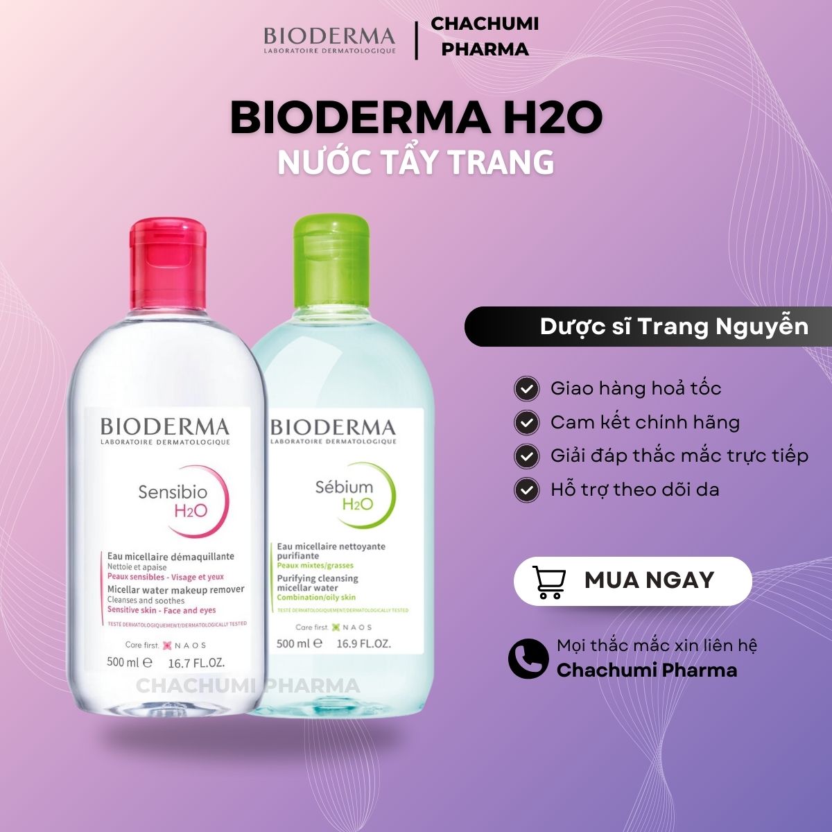Nước tẩy trang bioderma hồng và xanh 100ml, 250ml, 500ml