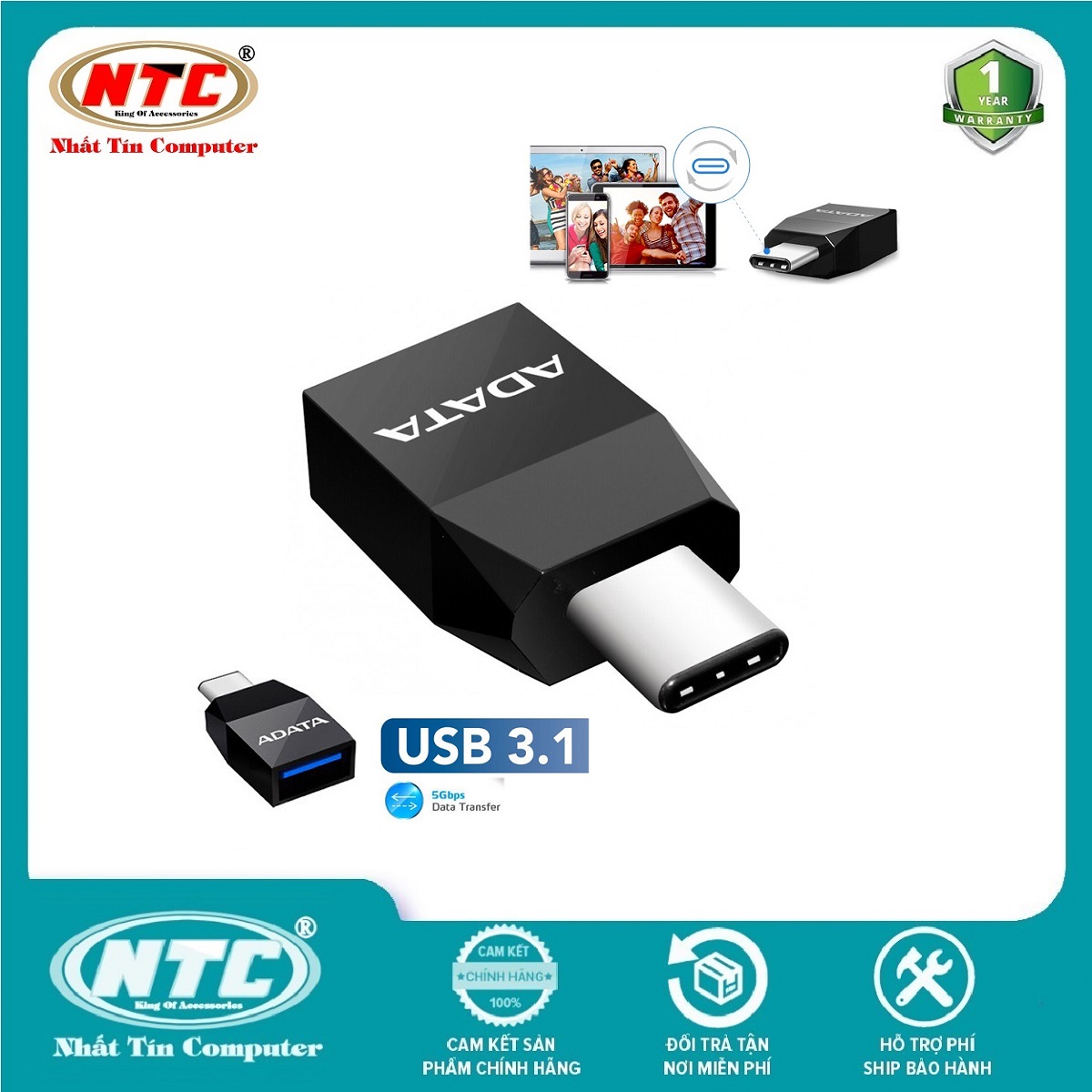 Đầu chuyển OTG từ USB 3.1 sang Type-C Adata Tốc độ 5Gbps (Đen) - Nhất Tín Computer
