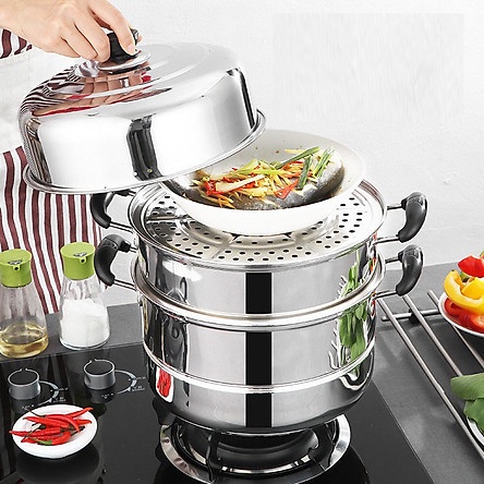Nồi hấp inox 3 tầng siêu tốc kích thước lớn chống dính tốt - xửng hấp thức ăn 3 tầng inox 304 cao cấp hấp xôi hấp bánh