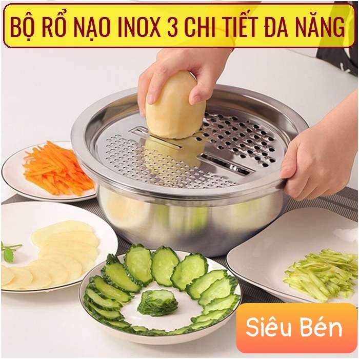 Bộ nạo rau củ quả kiêm rổ và chậu inox cao cấp ko bị gỉ khi sử dụng - bộ dụng cụ bào rau củ quả đa năng 3 in 1 tiện dụng - đồ dùng nhà bếp thông minh