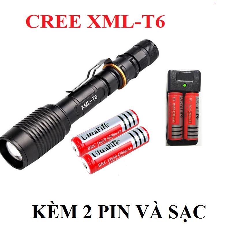 Đèn pin LED cầm tay CREE XML-T6 siêu sáng tặng kèm 2 pin và sạc