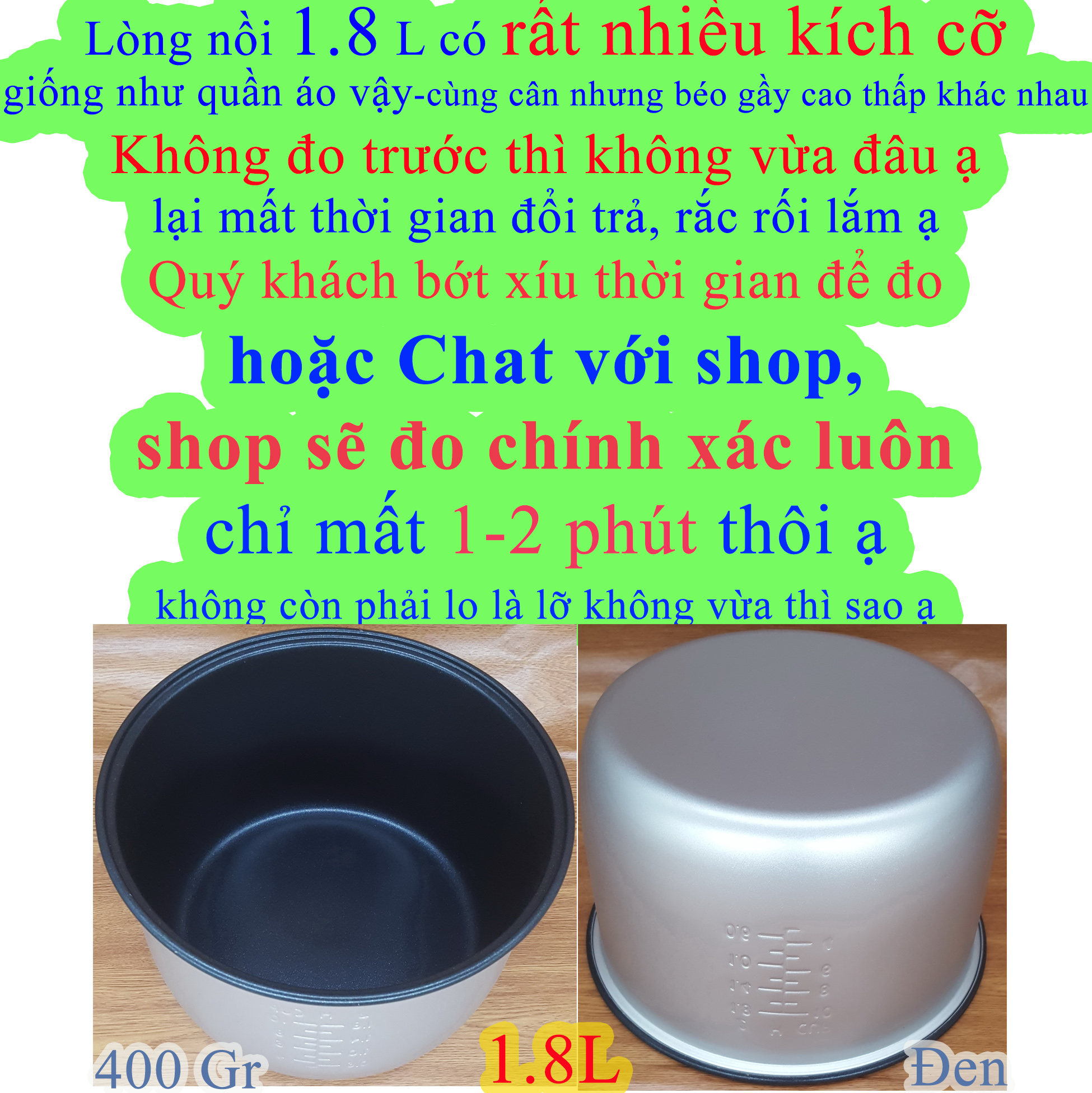 Lòng nồi cơm điện 1.8 L (Ruột nồi cơm điện 1.8L, Lõi nồi cơm điện 1.8 L) nặng 400 gr màu Đen