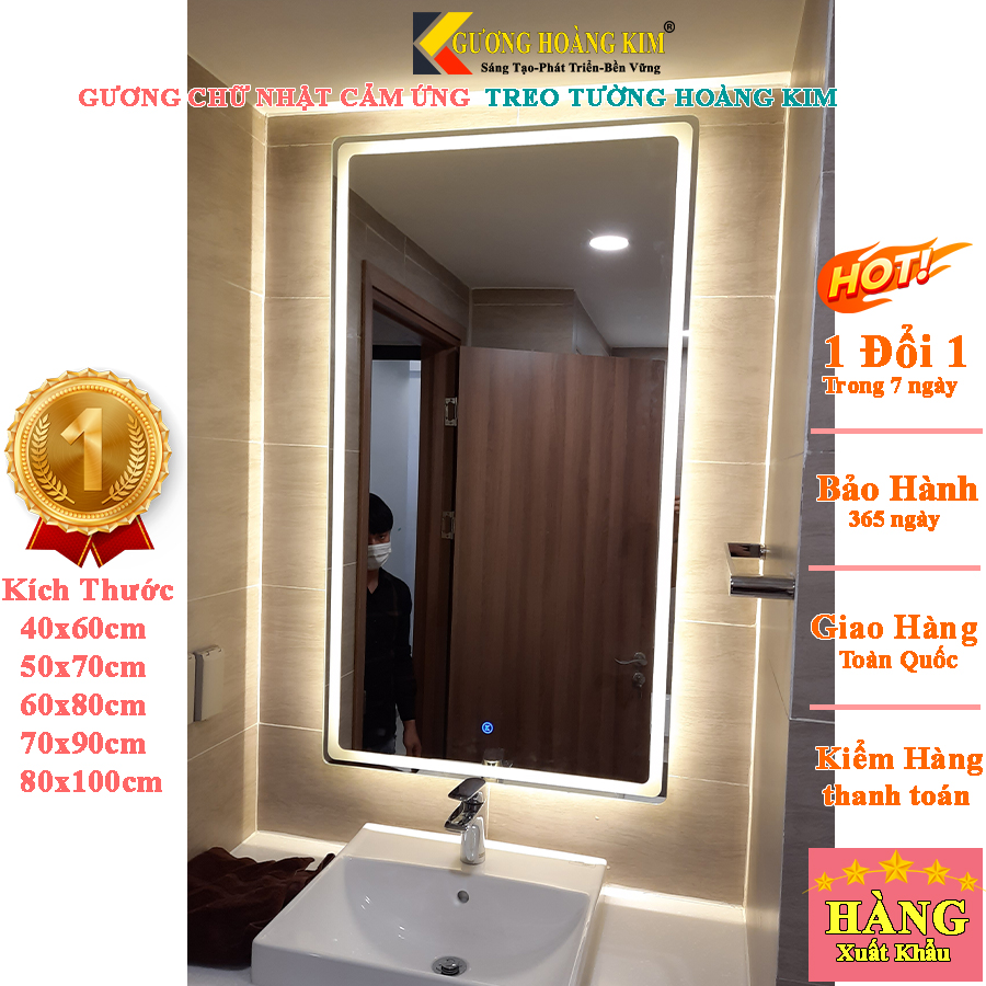 Gương soi phòng tắm chữ nhật kích thước 60x80 đèn LED cảm ứng thông minh - guonghoangkim