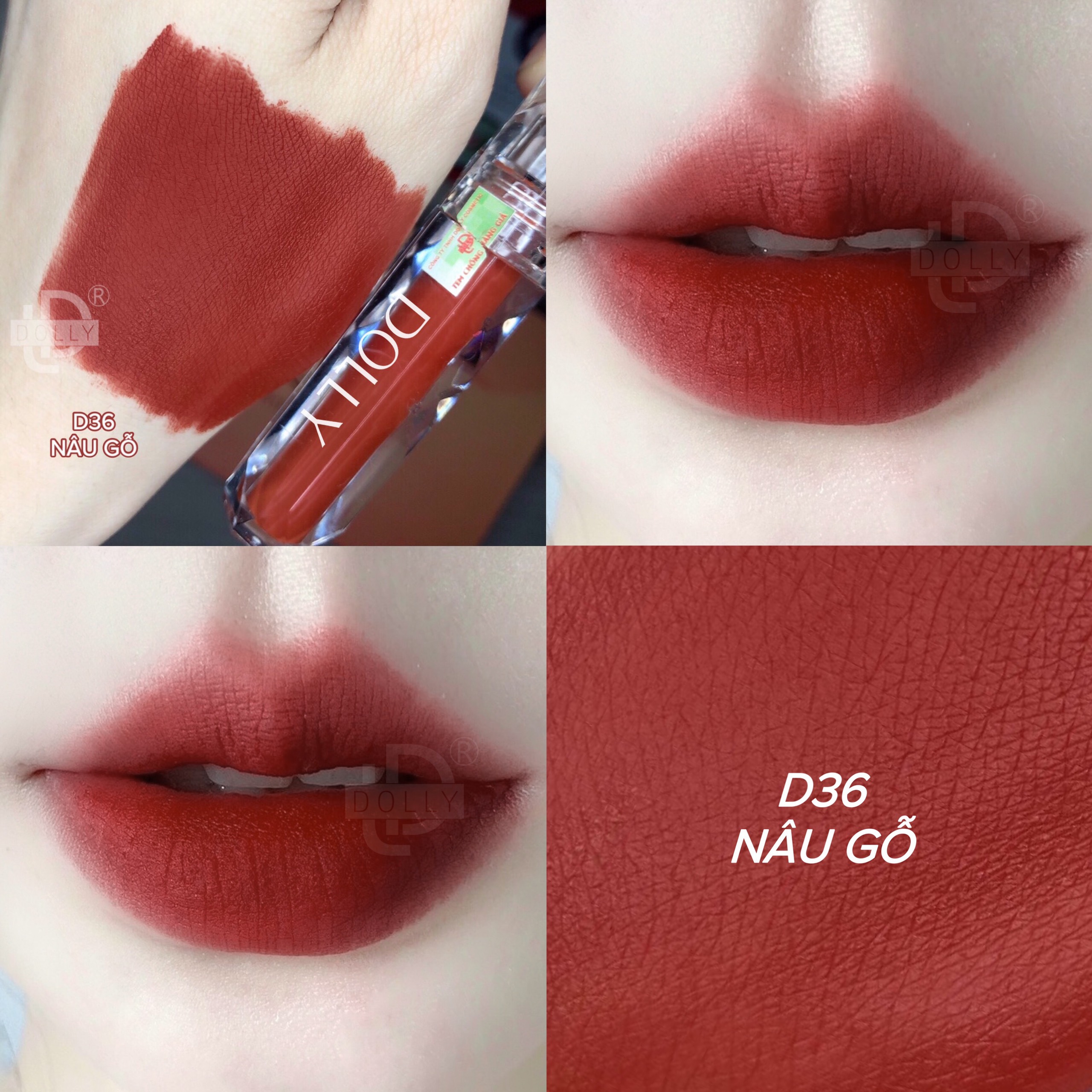 [ D36 Nâu Gỗ ] - Son Kem Lì DOLLY DIAMOND Không Chì Nâu Gỗ