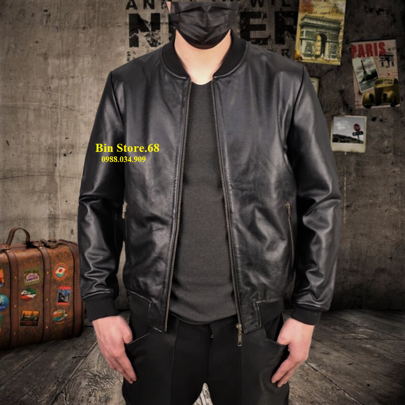 Áo khoác nam da bò bomber cổ thun trẻ trung, áo khoác da thật nam giới