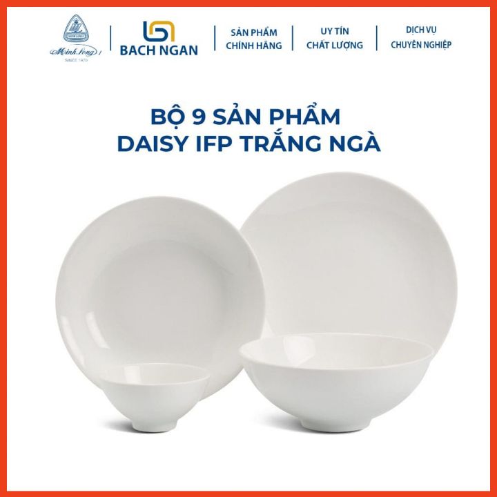 Bộ Chén Dĩa Sứ Minh Long 9 sản phẩm Daisy IFP Trắng Ngà sứ đẹp cao cấp dùng trong gia đình, đãi khách, tặng quà tết - bộ bàn ăn