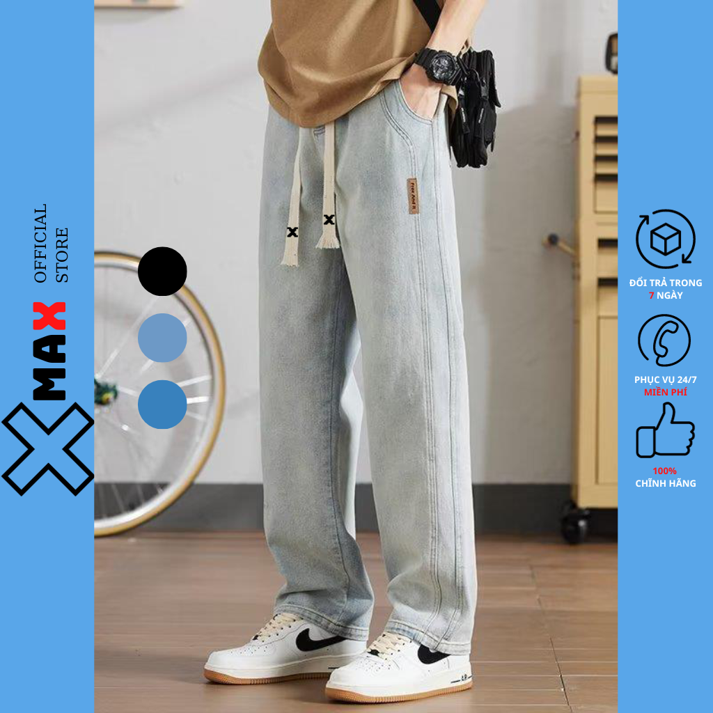 Quần jean nam ống rộng cạp chun bản to có dây rút phá cách MAXSTORE, Quần bò nam dày dáng suông rộng lưng cao Retro B109
