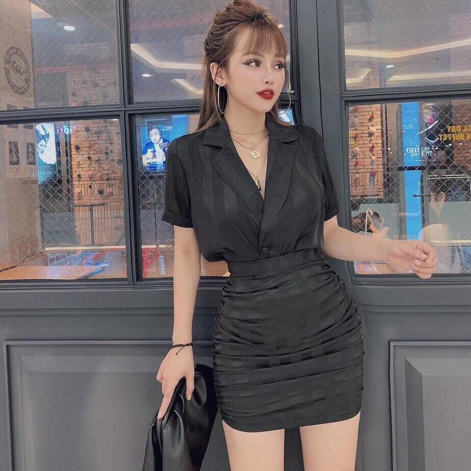 Set ao sơ mi + chân váy ôm nhún sườn siêu sang chảnh m002