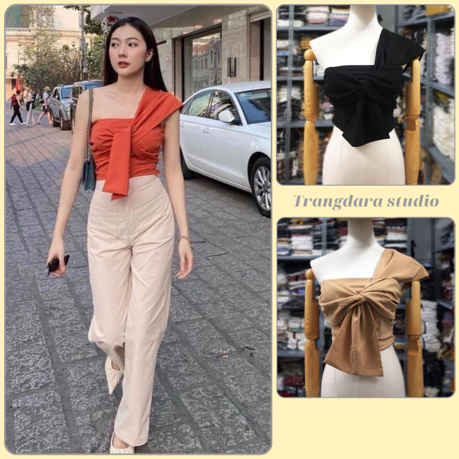 [HCM]Áo croptop nữ kiểu lệch vai dây thắt ngang ngực chất liệu lụa tuyết nhiều màu