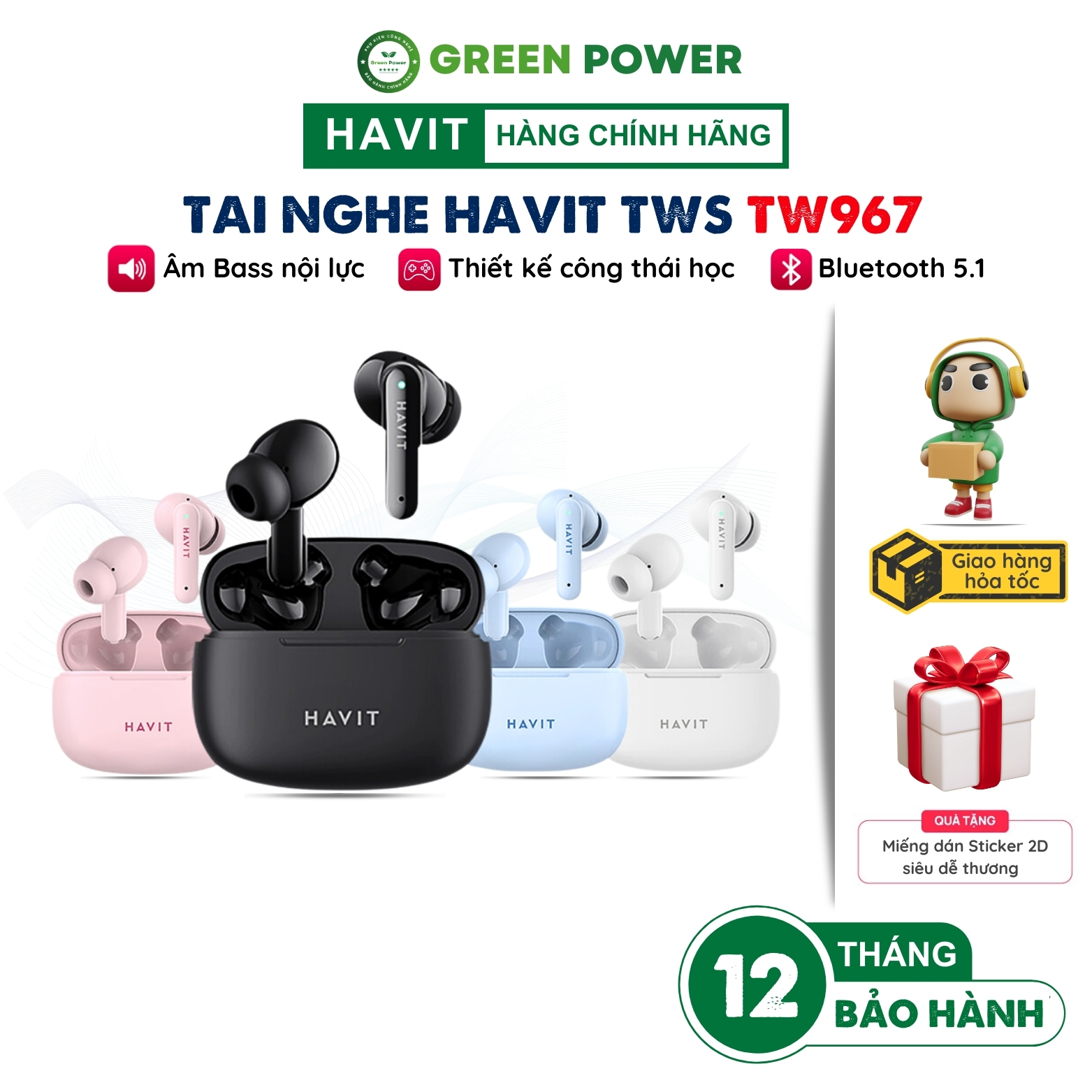 Tai Nghe Bluetooth Không Dây TWS Havit TW967 BT 5.1, Thiết Kế Công Thái Học, Driver 10mm, Nghe Nhạc Đến 5H, Nhiều Màu Sắc - Chính Hãng Bảo Hành 12 Tháng