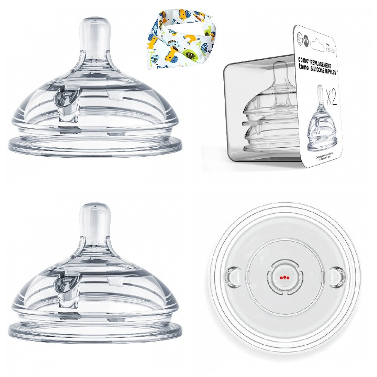 Bộ 2 Núm Ty Silicon Bình Sữa Comotomo Siêu Mềm Cho Mẹ, Chất Liệu An Toàn, Giảm Đầy Hơi Nôn Trớ Hiệu Quả ( tặng khăn/yếm giữ ấm cổ cho bé họa tiết ngẫu nhiên )