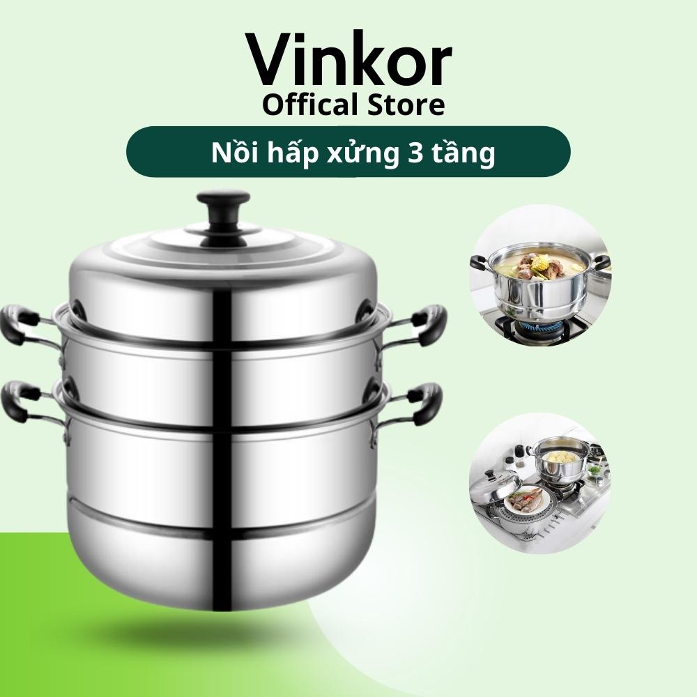 Nồi hấp 3 tầng inox 304, xửng hấp dùng trên bếp ga, bếp điện, bếp nướng, bếp từ- Vinkor.Store