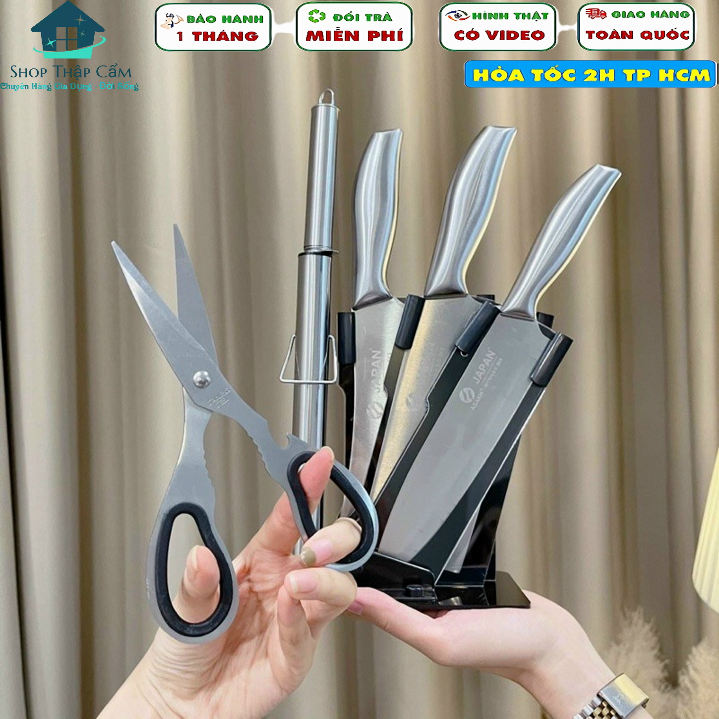 Bộ Dao Cán Đúc Nhật inox 6 Món Có Khay Đựng Dao - ( HÀNG CÓ HỘP )
