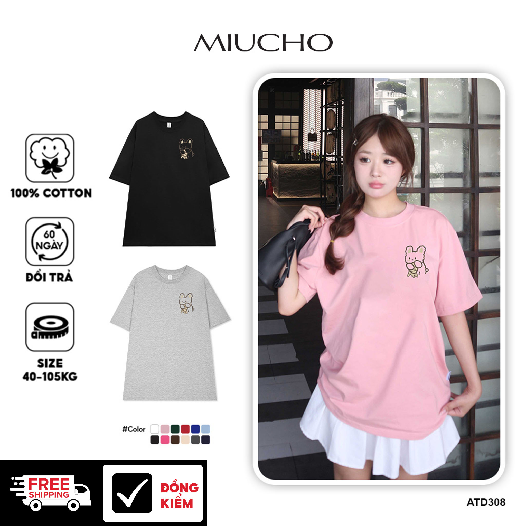 Áo thun nữ form rộng ATD308 Miucho cotton cổ tròn in graphic