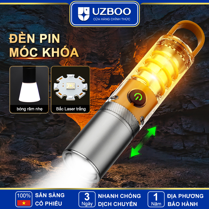 UZBOO Đèn pin Móc khóa Đèn pin Đèn pin lấy nét thu nhỏ Đèn pin sáng mạnh Đèn pin có thể phóng to Đèn pin chống nước Đèn di động có đèn bên và móc treo cho nhà khẩn cấp ngoài trời