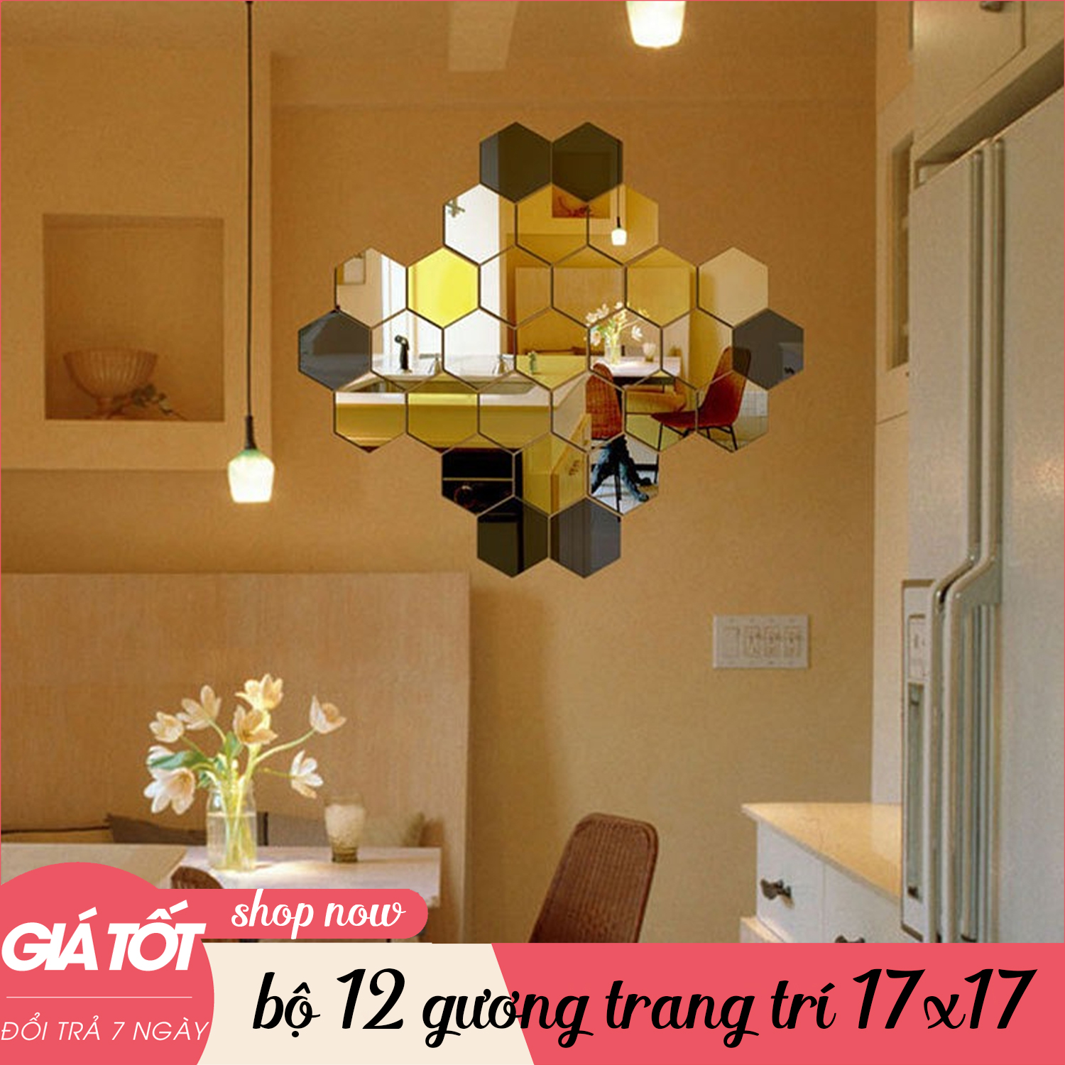 Gương dán tường, bộ 12 gương dán tường, kích cỡ 17cm x 17cm, gương dán tường trang trí phòng, gương trang trí, hình lục giác