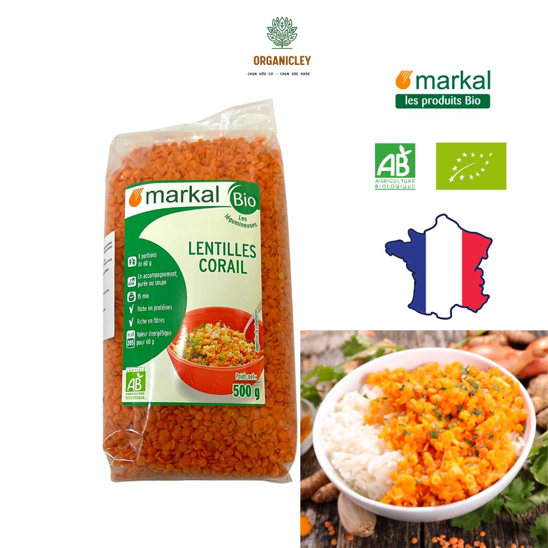 Đậu lăng đỏ cam san hô hữu cơ markal organic coral lentils 500g - đậu lăng hữu cơ - đậu hữu cơ - hạt đậu lăng organicley