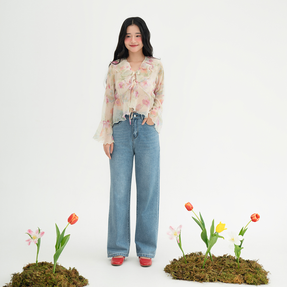 Bleubird áo vải tơ dập ly rúm bèo buộc dây reverie top