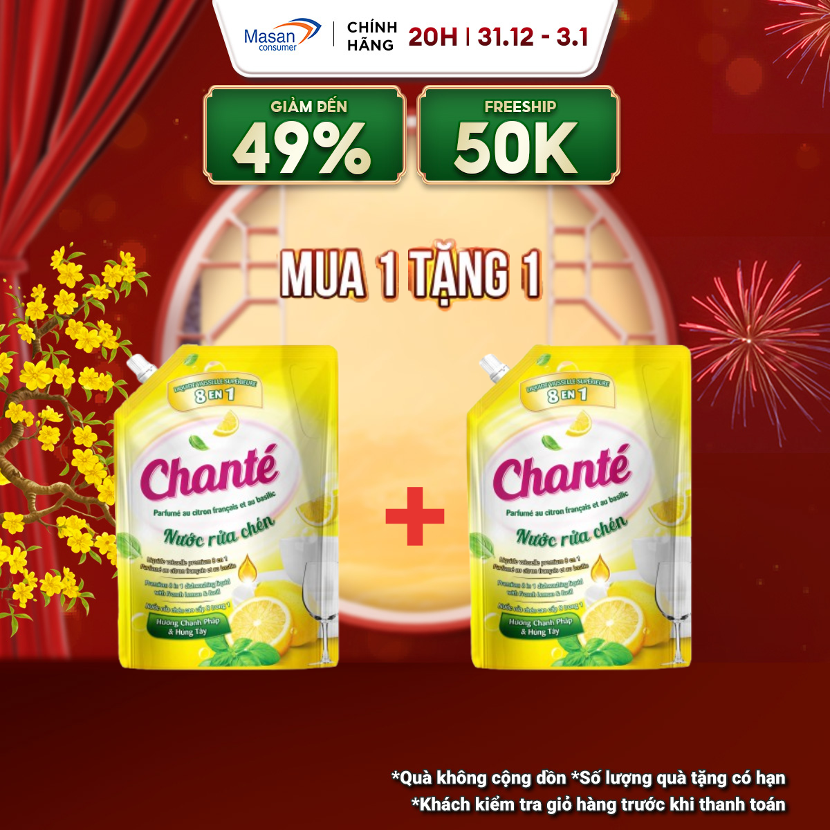   15.12-29.12 Voucher 18% CHO ĐƠN TỪ 159K  Chọn mùi Combo 2 Nước rửa chén Chanté túi x 3.2kg 