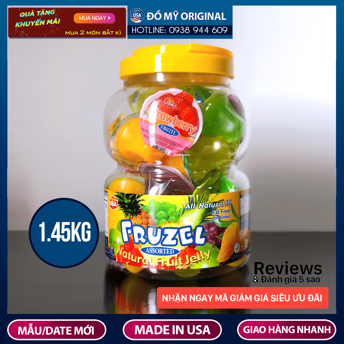 Rau câu trái cây fruzel của mỹ hộp 1.45kg