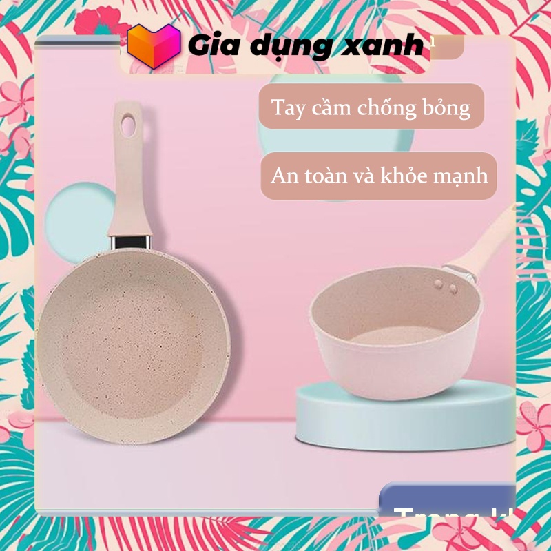 Bộ nồi chảo chống dính cao cấp 16cm vân đá hoa cương hồng đáy từ dùng mọi loại bếp, bộ nồi chảo đá chống dính nấu ăn dặm cho bé