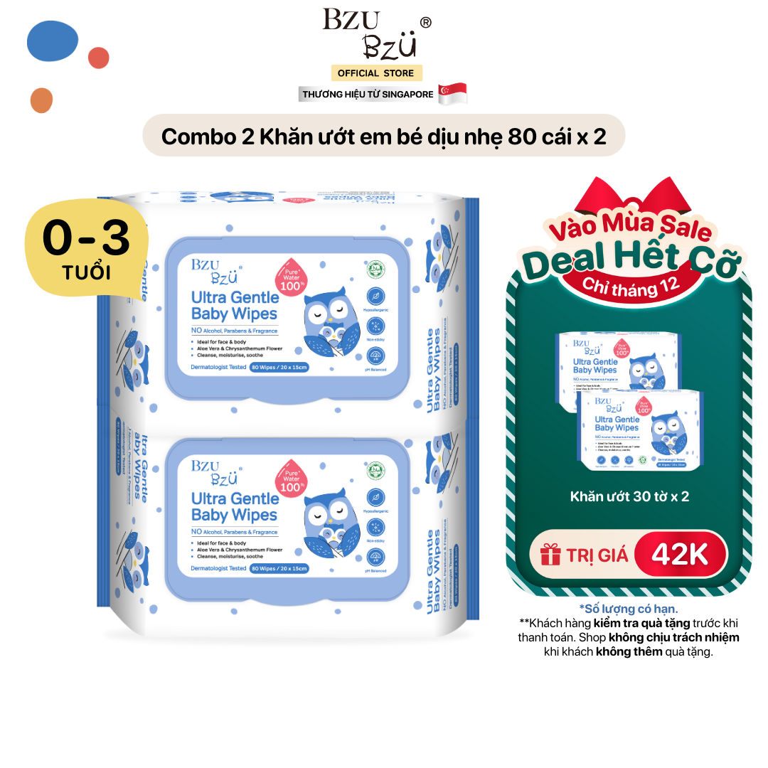 Combo 2 Gói Khăn Ướt Em Bé BZU BZU Dịu Nhẹ Không Mùi Ultra Gentle Baby Wipes 80 Tờ