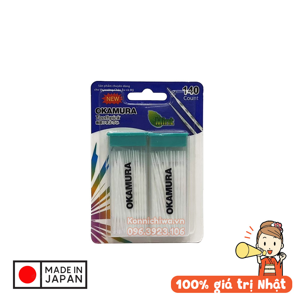 [HCM-HN] Tăm nhựa nha khoa Okamura Nhật Bản hộp 140 chiếc | Tăm xỉa kẽ răng 2 đầu, dạng xương cá mềm mảnh, lấy sạch thức ăn thừa, không lo giắt răng