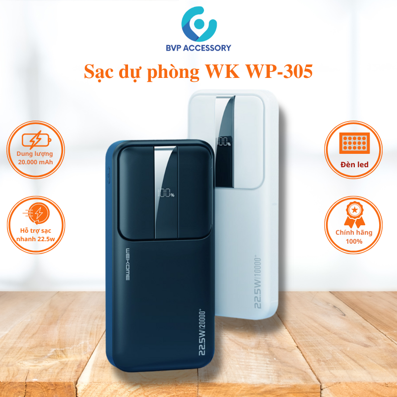 Sạc dự phòng 10000 mah 20000 mah wk design wp-301 wp-303 chính hãng, pin sạc dự phòng sạc nhanh pd 22.5w quickchange 3.0