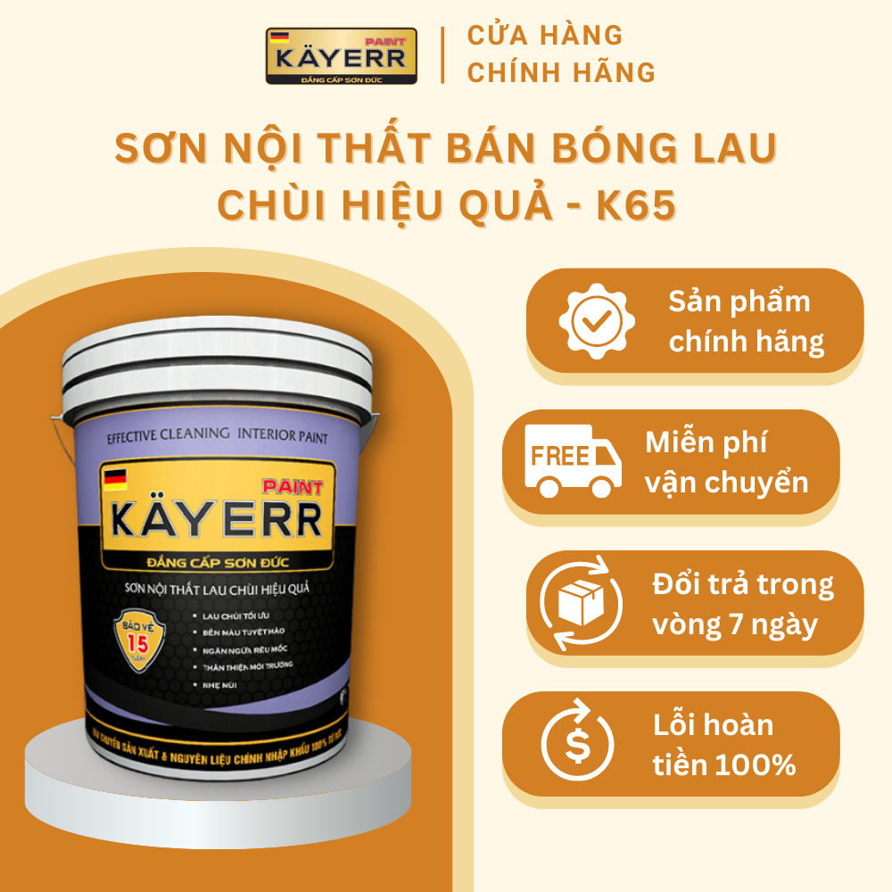 Sơn bán bóng KAYERR K65 nhiều màu bề mặt bóng mờ lau chùi dễ dàng an toàn dễ sử dụng 5 lít/ 18 lít