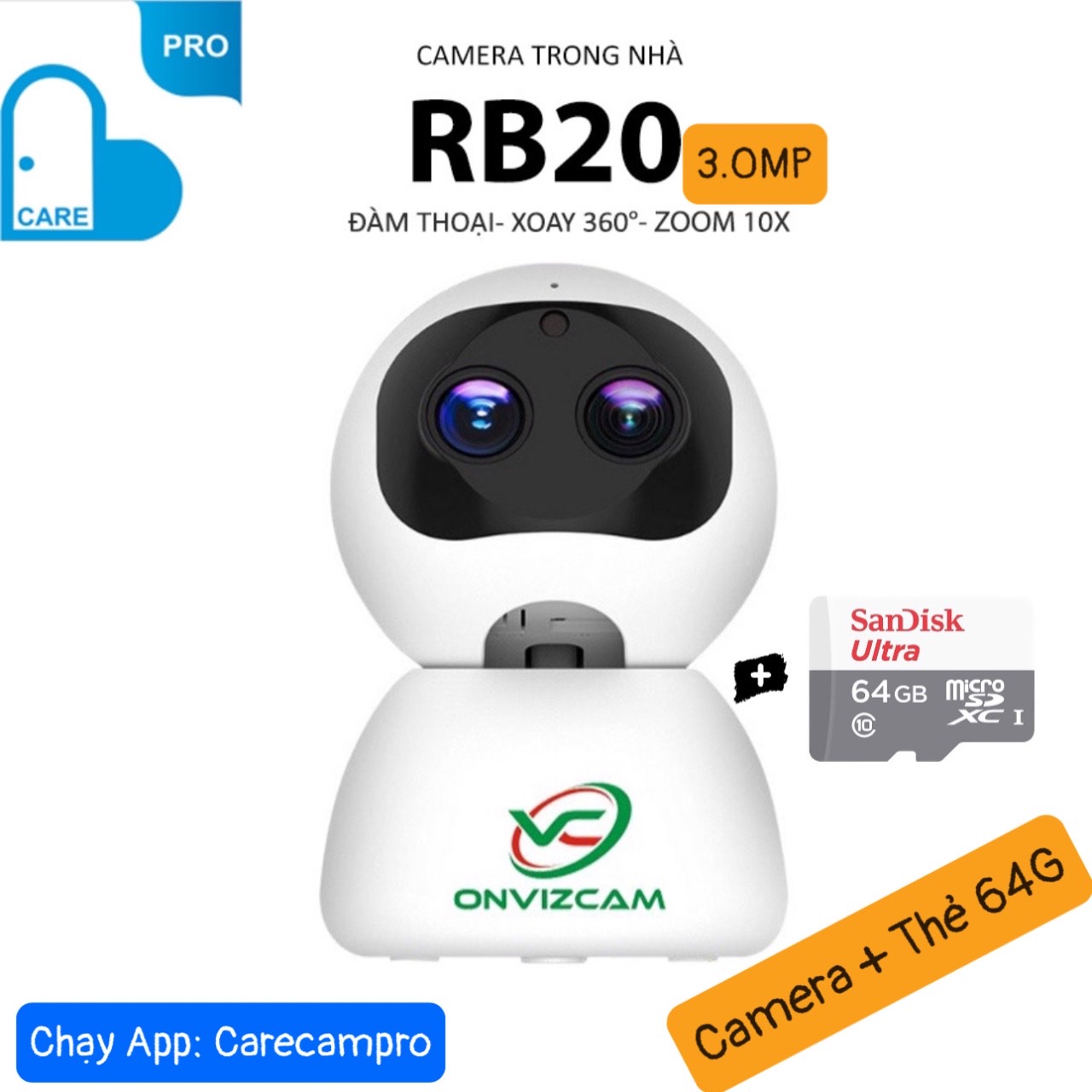 Camera Carecam RB20 mắt kép zoom 10x Hoặc Camera Carecam Y610, Xoay 360đ, Đàm Thoại 2 chiều, Sử dụng app: Carecam pro