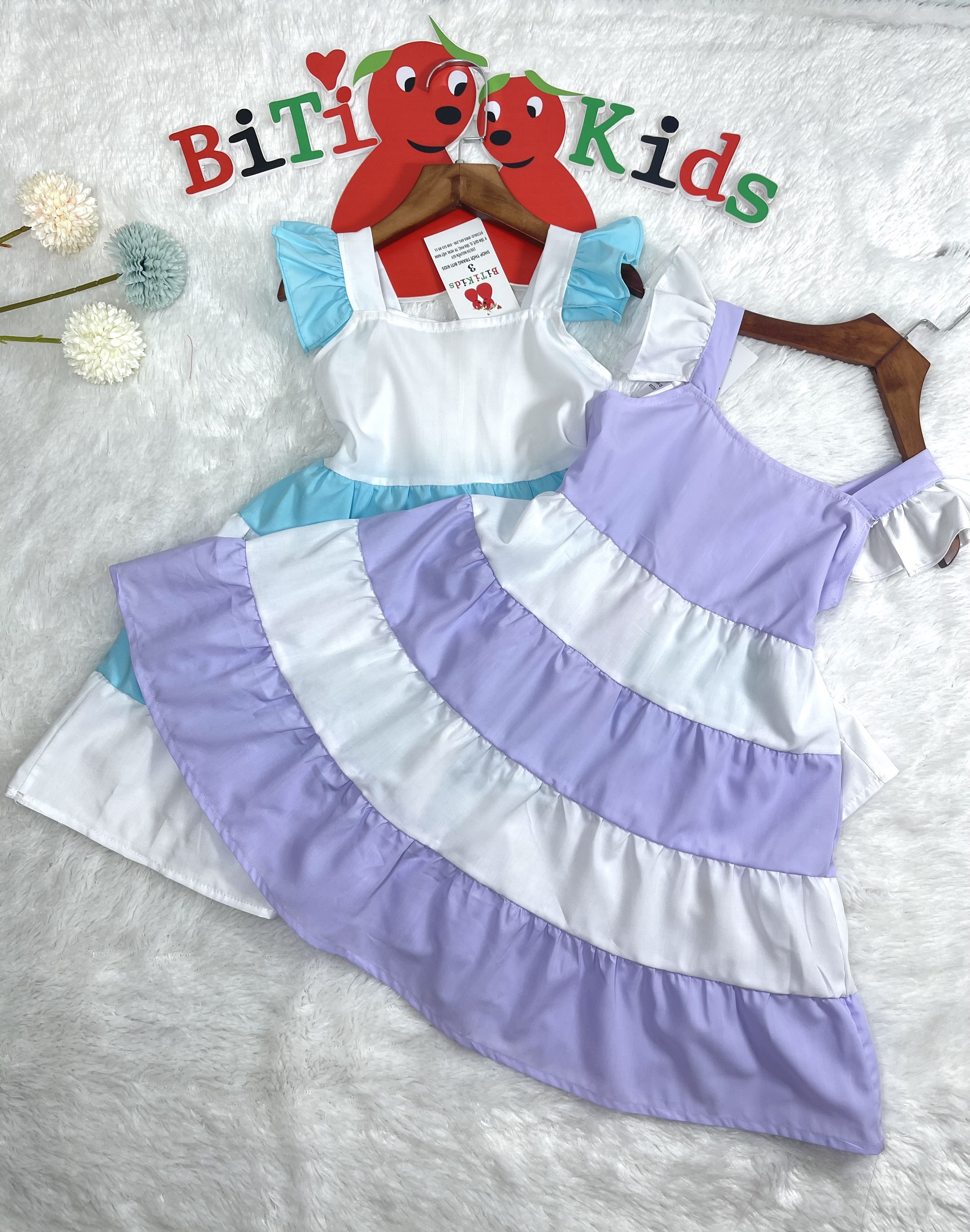 Đầm bé gái,váy trẻ em phối trắng xanh ngọc và trắng tím kate cotton BITIKIDS size từ 0-8 tuổi