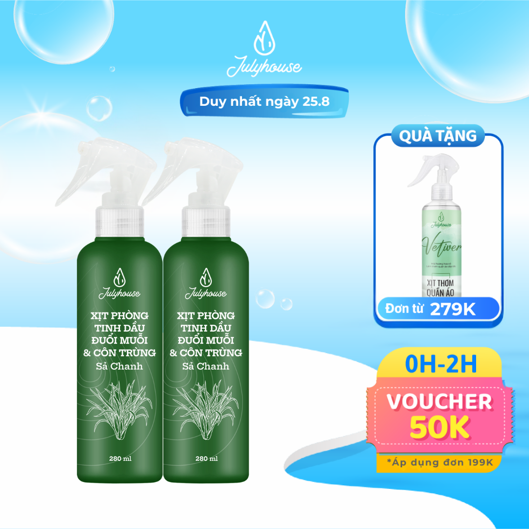 Combo 2 bình xịt phòng tinh dầu Sả Chanh 280ml/chai JULYHOUSE khử mùi đuổi muỗi và côn trùng hương dễ chịu