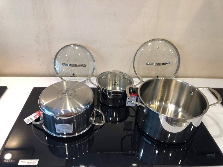 Bộ nồi chảo inox cao cấp 3 lớp đáy liền tri-max 4 chiếc size 18cm, 20cm, 26cm và chảo 26cm