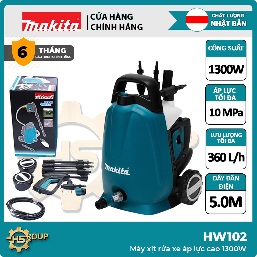 Máy rửa xe mini gia đình áp lực cao máy rửa xe công suất mạnh Makita HW102 1300W tưới cây, vệ sinh sân nhà