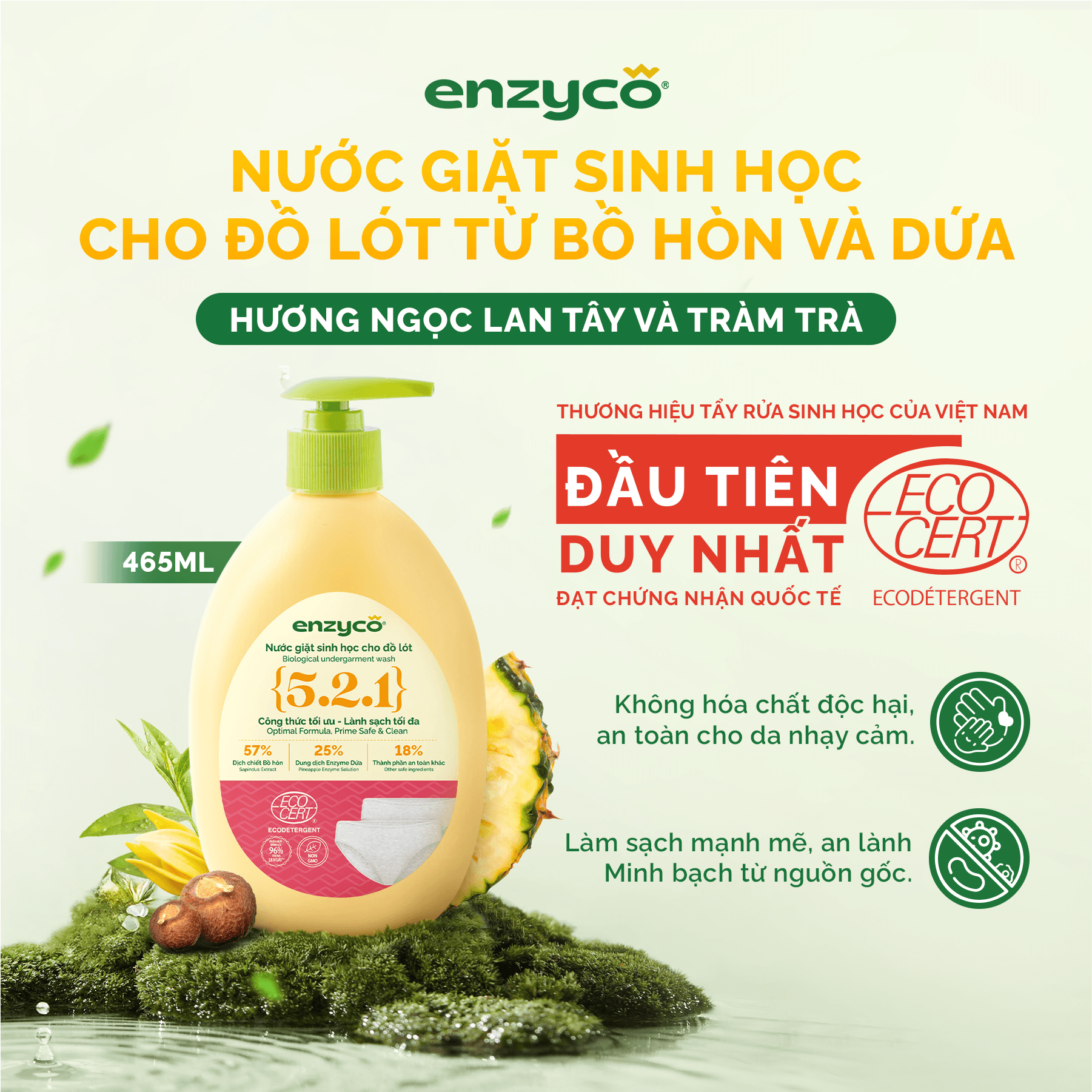 Enzyco Biological Underwear Laundry Detergent from Soapberry and Pineapple Certified Ecodetergent-Ecocert 465ml, Antibacterial, Deodorizing